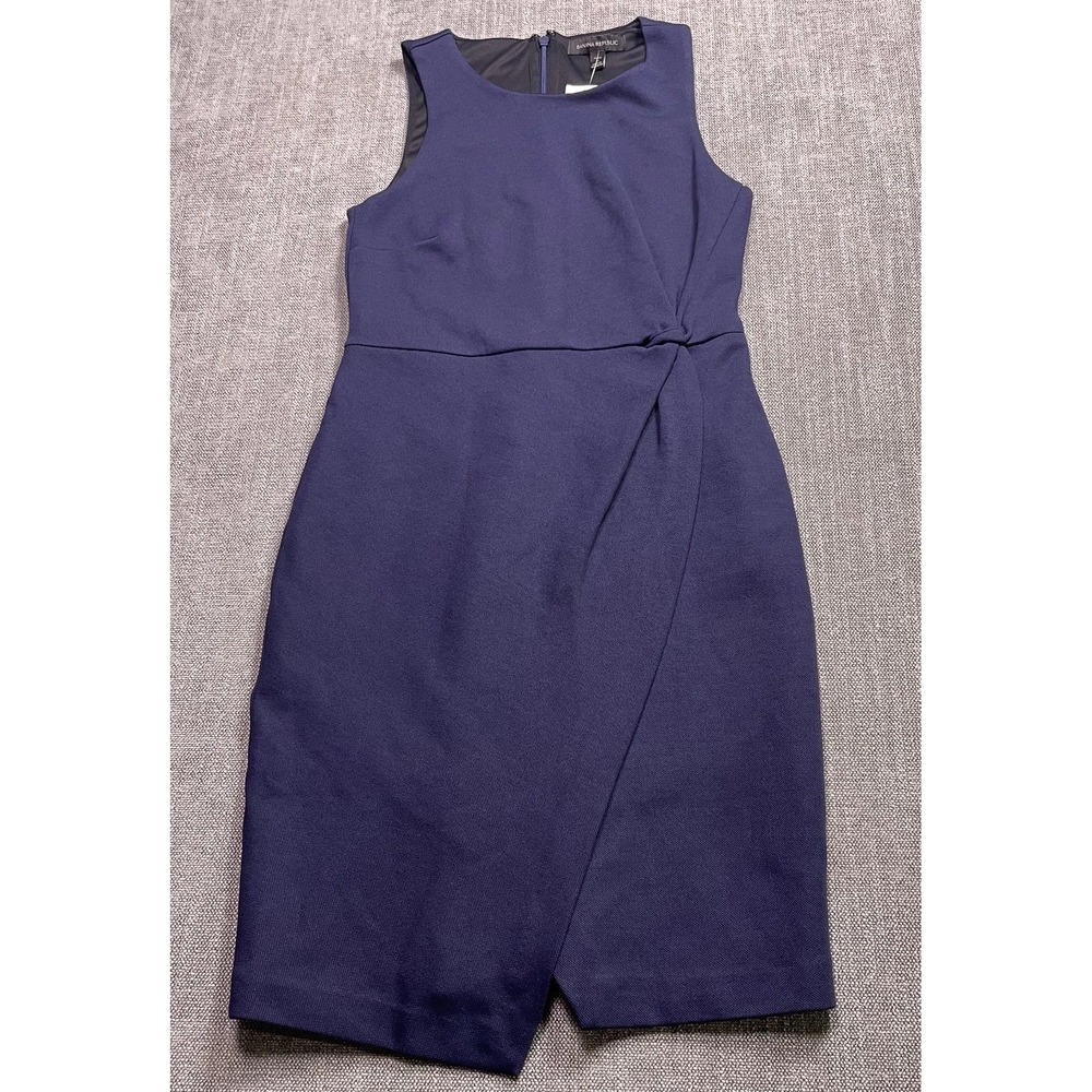 Banana Republic Sheath Dress Womens 2 Petite Navy Blue Wrap Hem Sleeveless Zip